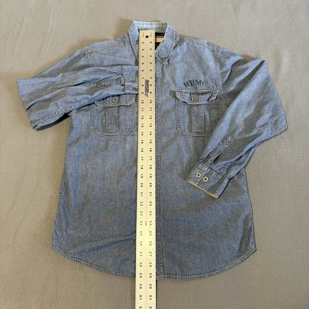 Harley Davidson Denim Shirt Men M Blue Biker Graphic Print Skull Logo‎ Y2K
